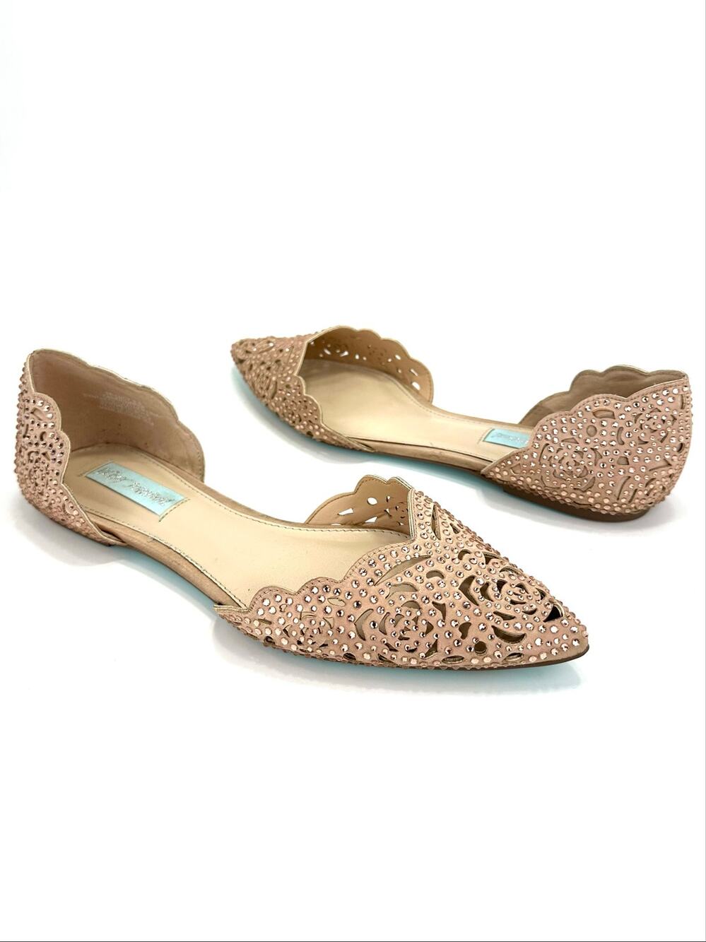 Betsey Johnson Lucy D'Orsay Flats Size 8.5 Tan/Pink/Blush Jeweled Satin Padded